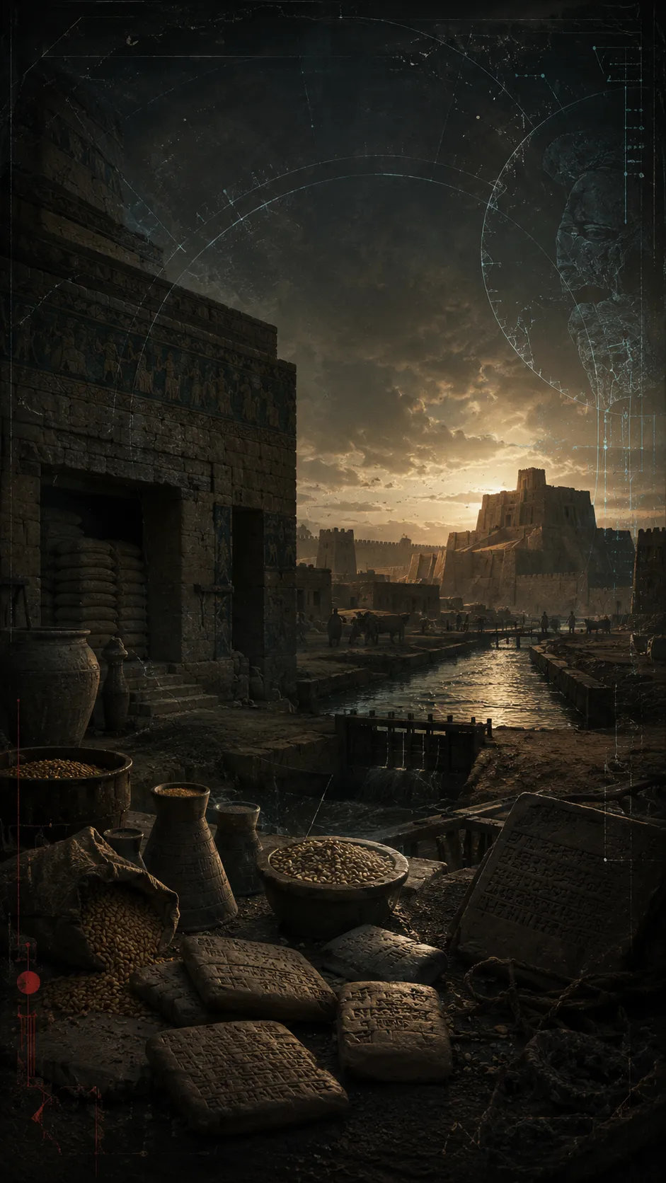 An ancient river city beneath a fractured timeline overlay