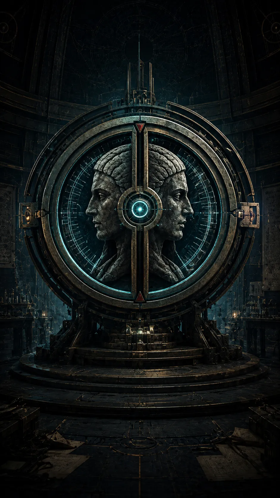 The Janus Engine active inside a dark mechanical chamber
