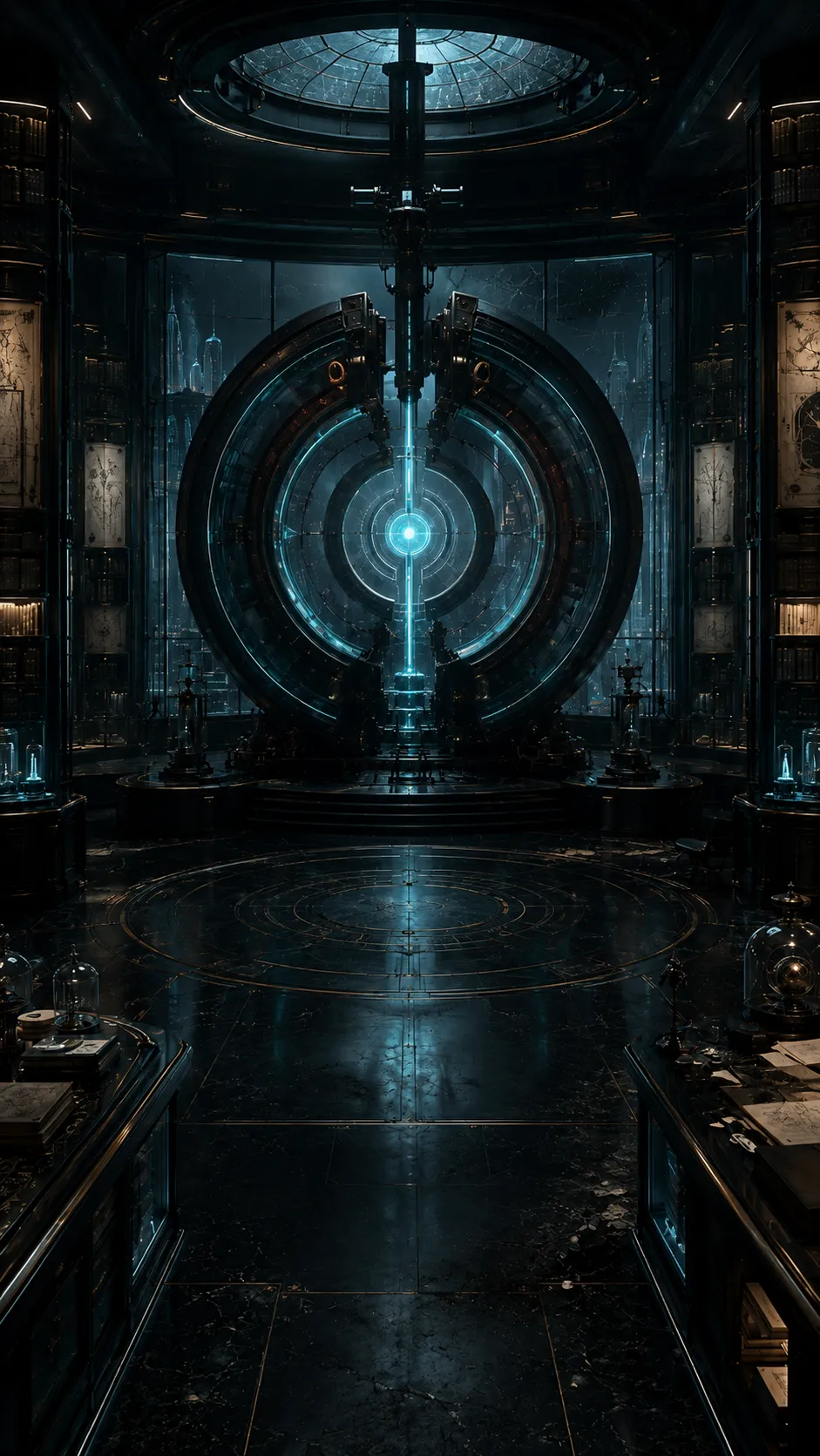 A damaged future laboratory surrounding a luminous circular machine