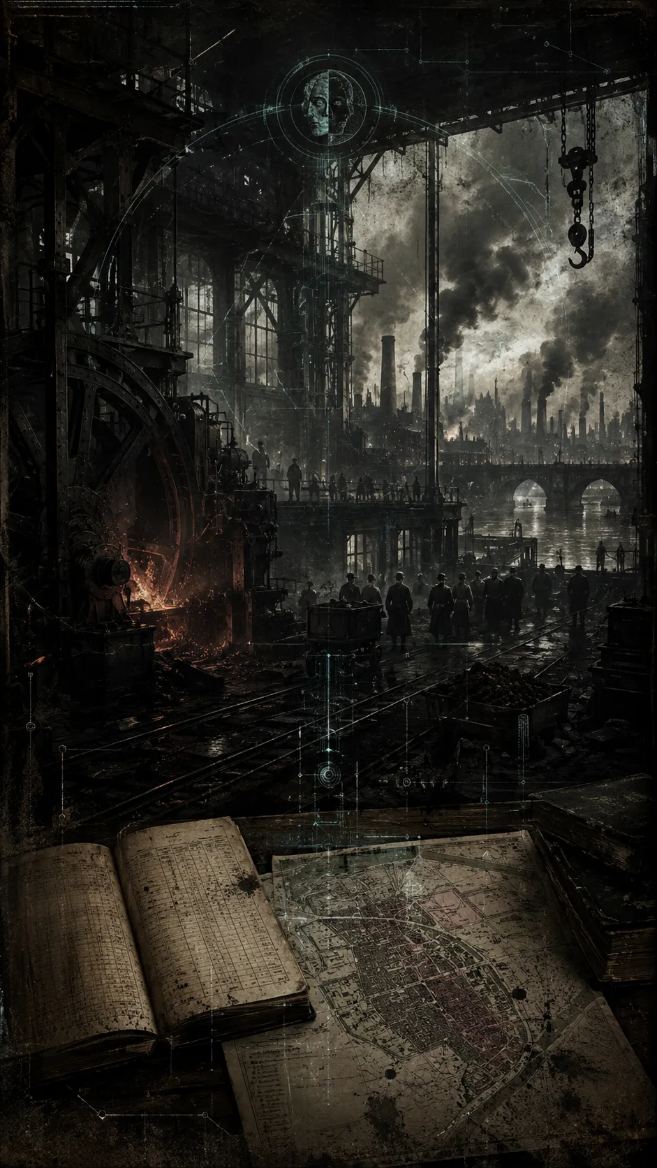 An industrial city of factories, smoke, and machinery beneath a timeline overlay