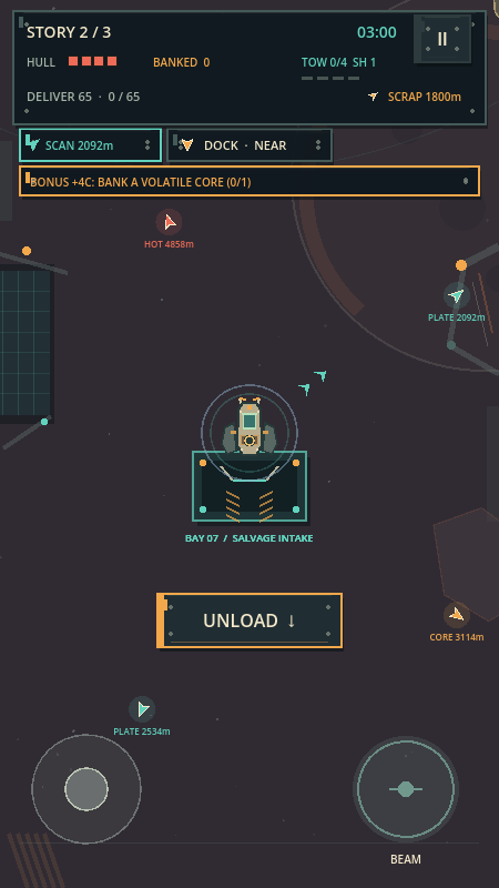 The tug navigating through drifting debris in Orbital Yard.