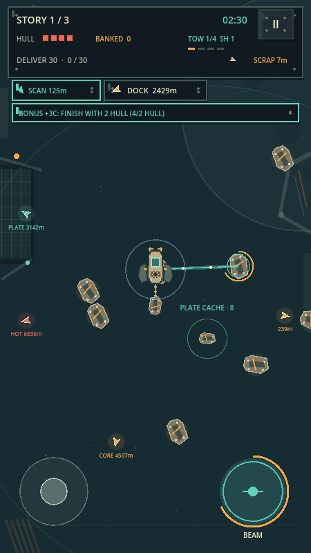 The tug using its tractor beam to pull a scrap piece aboard.