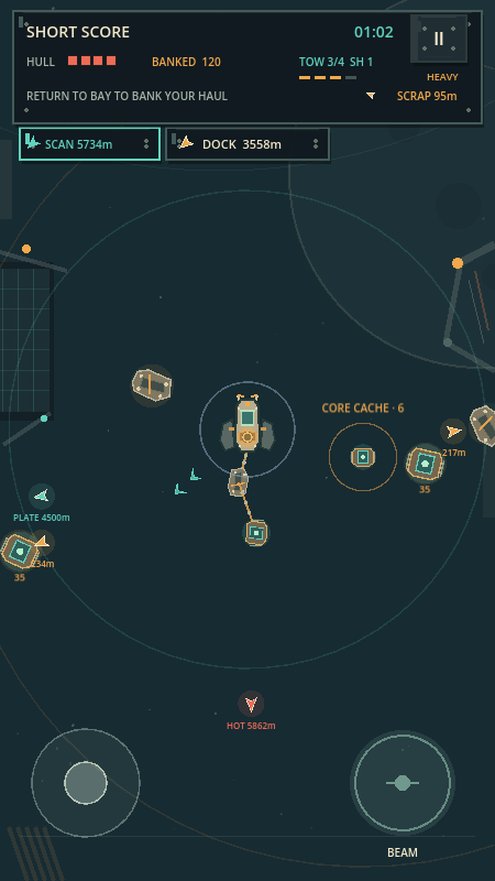 Satellite Scrapper Short Score mode with a run timer and cargo total.