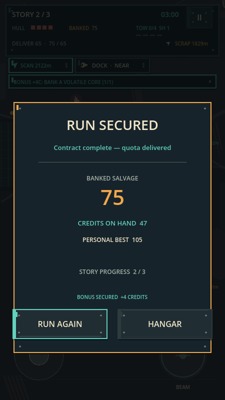 A completed salvage contract showing the shift results and payout.