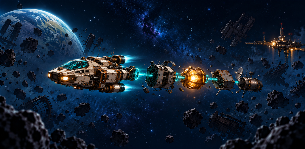 Satellite Scrapper game art showing a salvage tug towing a glowing core through space.
